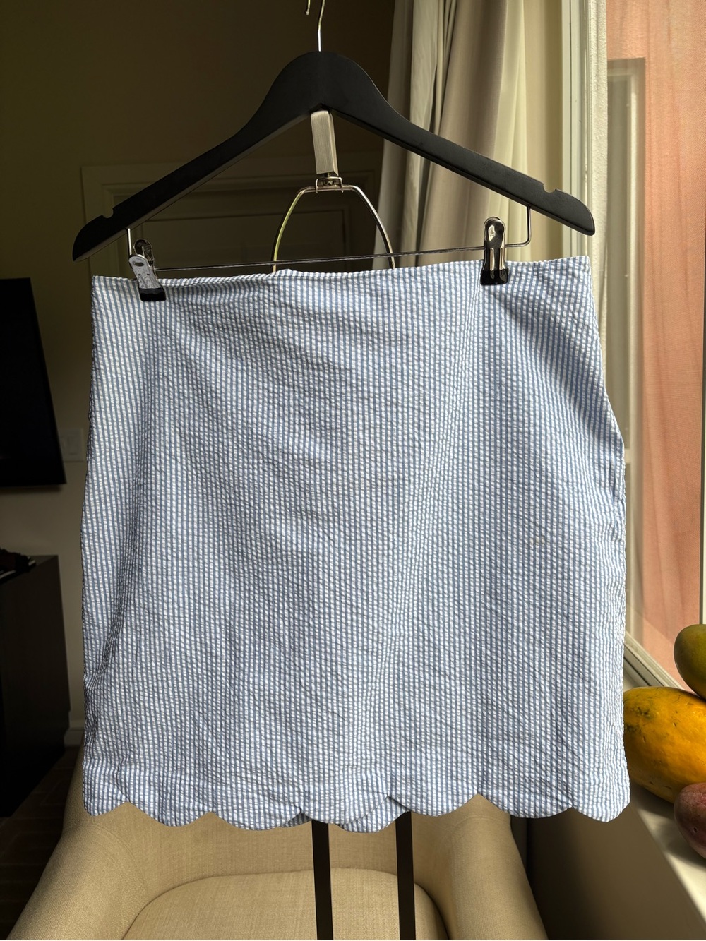 Talbots Light Blue and White Seersucker Mini Skirt with Scalloped Hem